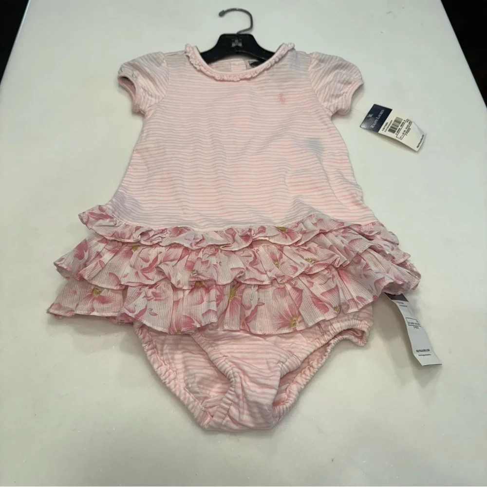 Ralph Lauren Baby Girl Ruffle Dress Light Pink Size 9M, 2 Pcs NWT